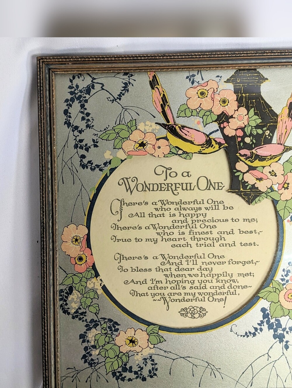 Antique Motto Graph "To A Wonderful One"  Framed Decor, Birds & Flowers